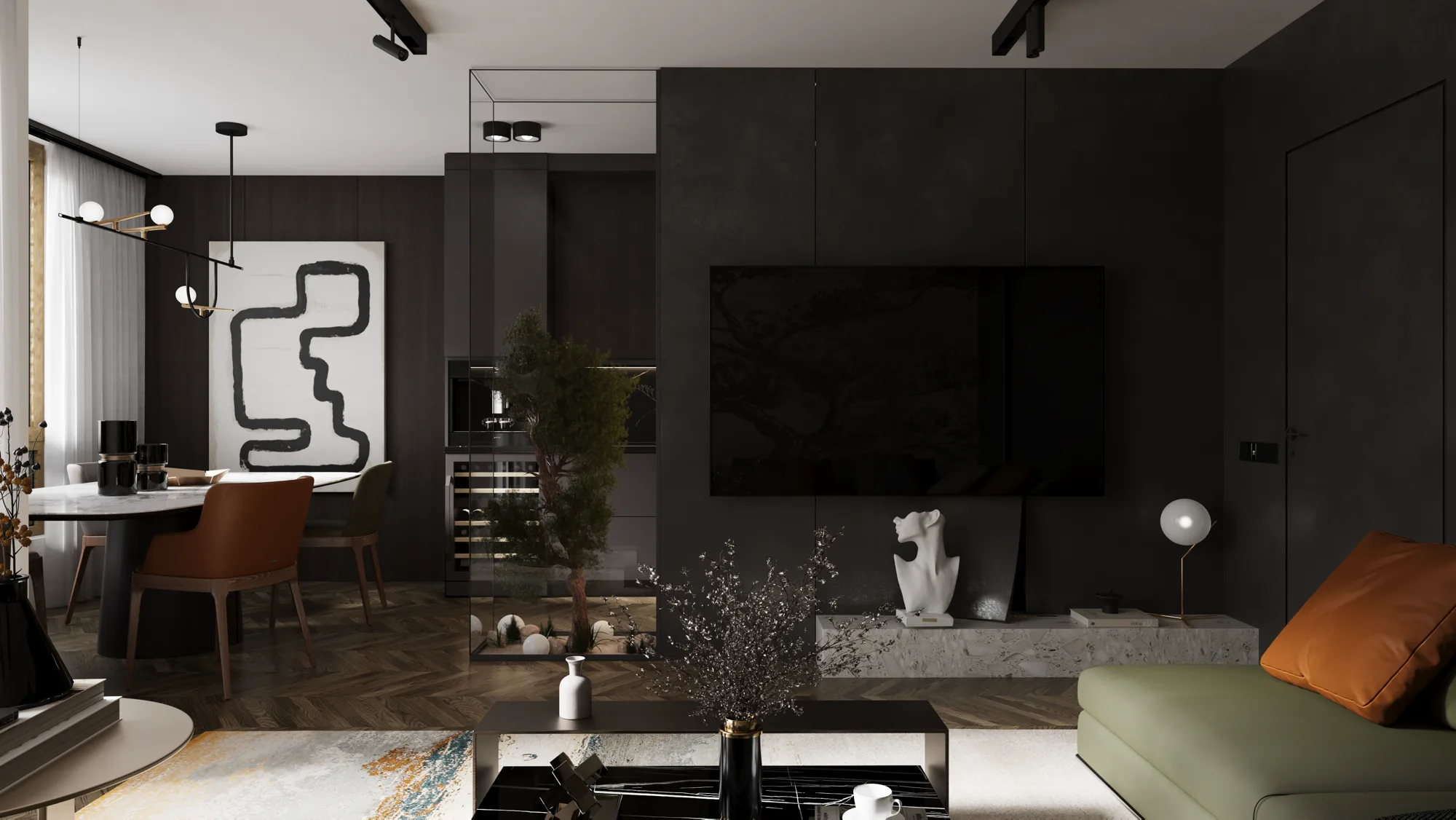 Apartment television and dining area