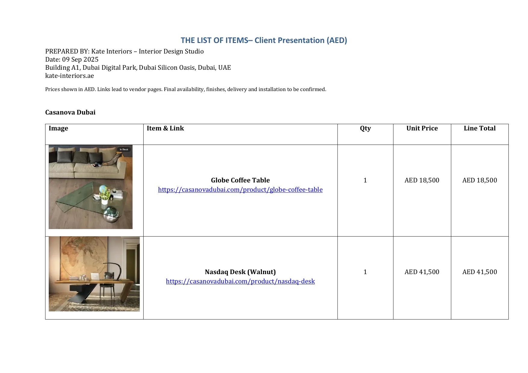 FF&E procurement schedule, page 1